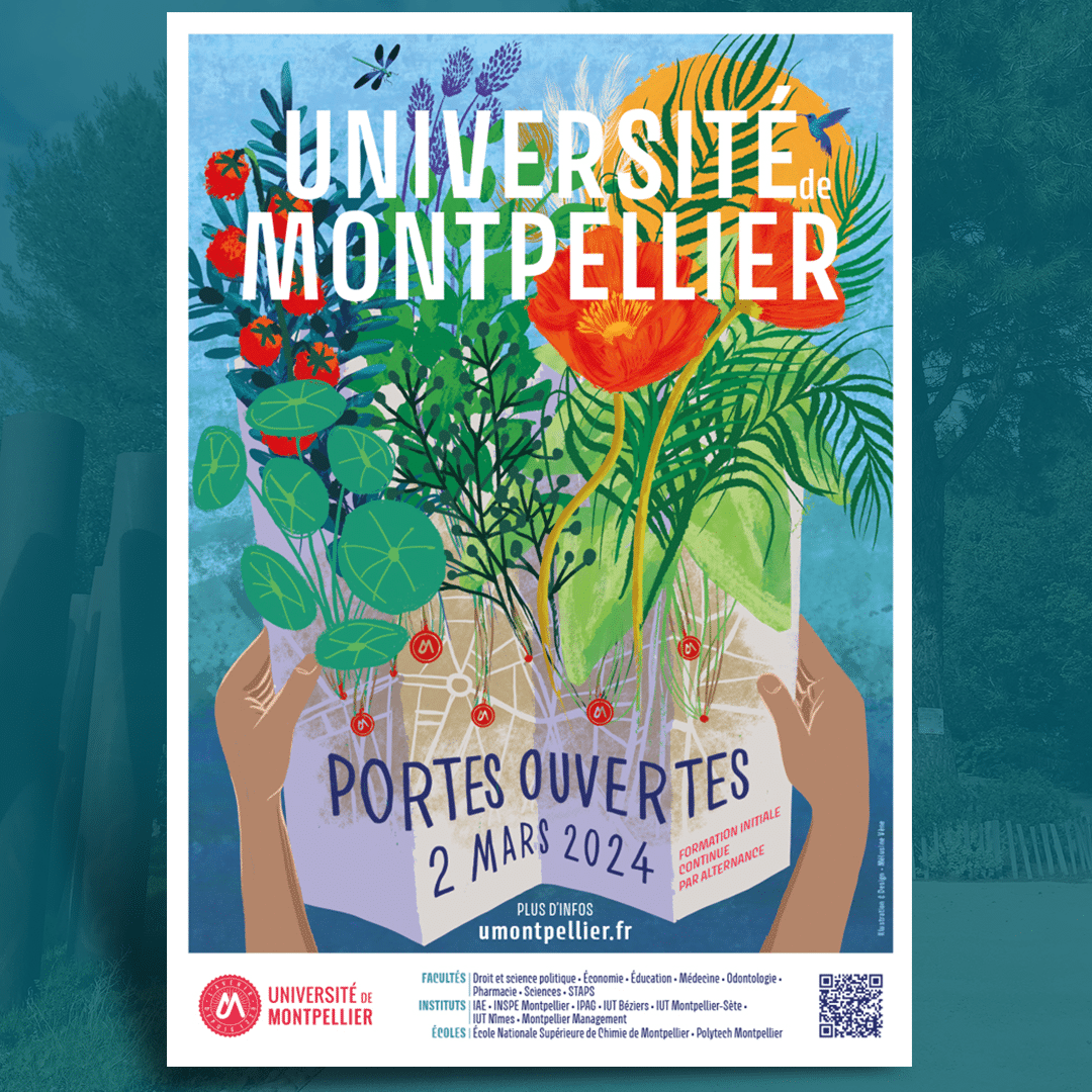 Affiche Portes Ouvertes de l'Université de Montpellier, sur les thèmes de l'exploration et l'écologie
